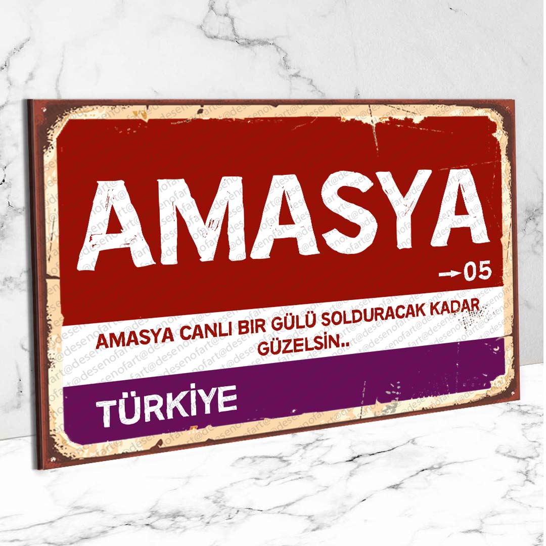 Amasya Ahşap Retro Vintage Şehir Tabelası