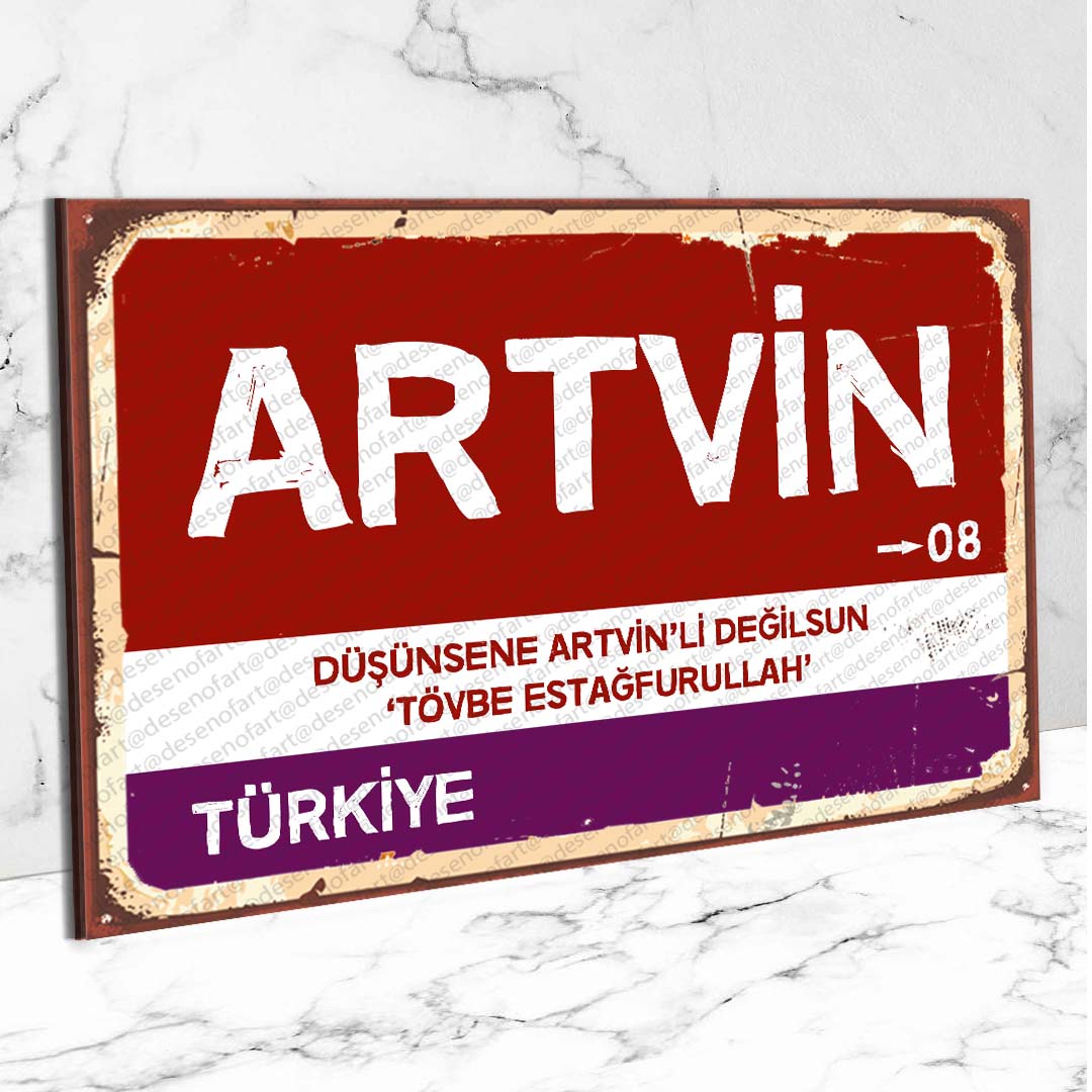 Artvin Ahşap Retro Vintage Şehir Tabelası