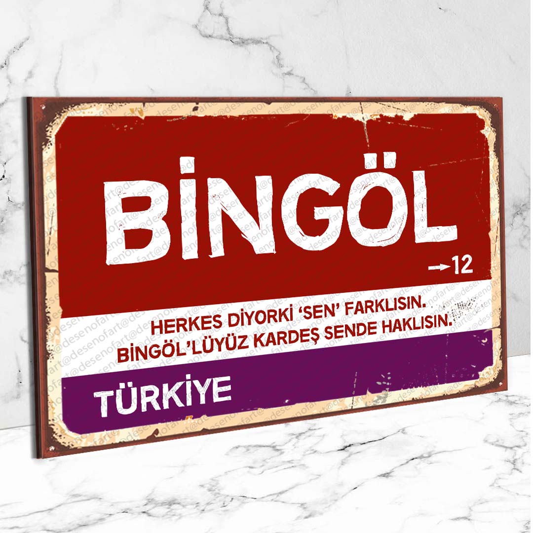 Bingöl Ahşap Retro Vintage Şehir Tabelası