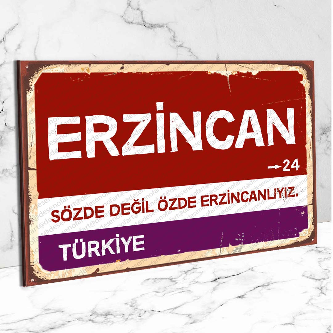 Erzincan Ahşap Retro Vintage Şehir Tabelası