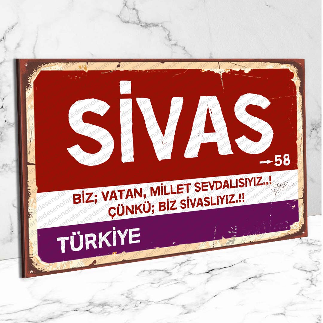 Sivas Ahşap Retro Vintage Şehir Tabelası